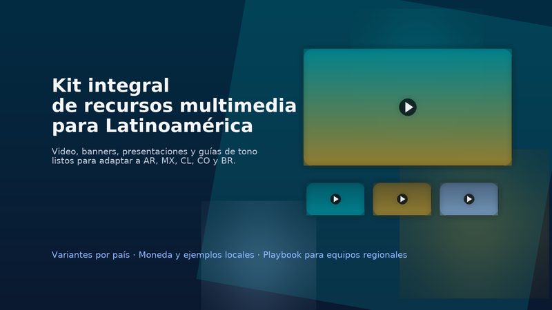 Collage de piezas multimedia con etiquetas por país y moneda