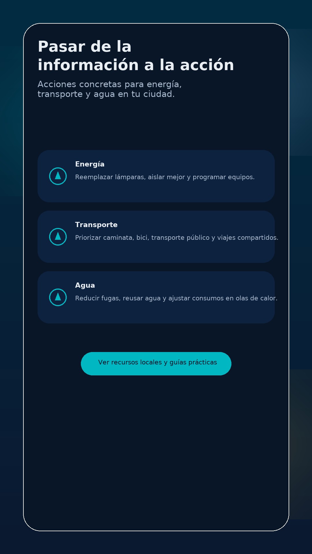 Tarjetas de acción para energía, transporte y agua, con botón de llamada a la acción.