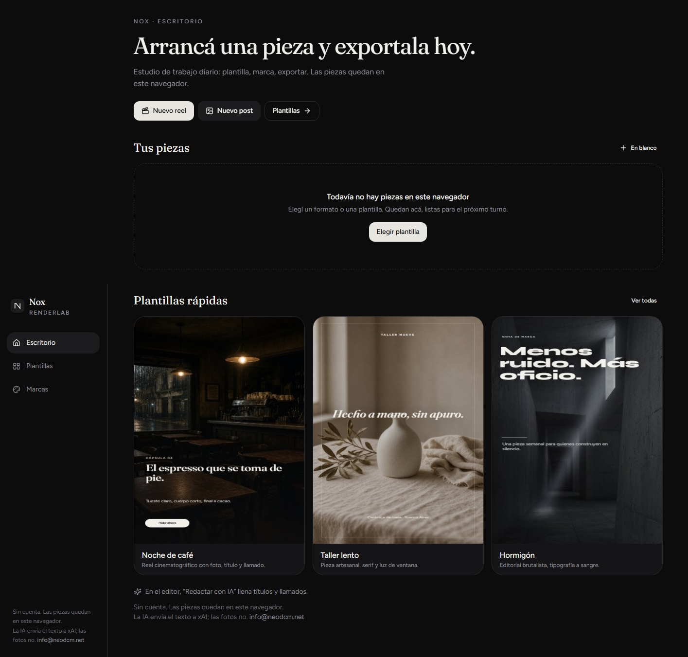 Dashboard de NOX RenderLab con plantillas de piezas para redes
